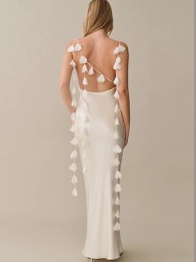 Backless Ivory Tassel-Trim Satin Maxi Dress